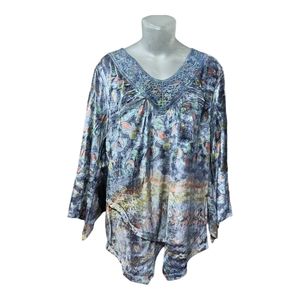 One World Boho Velour Sublimation Print Asymmetrical hem Blouse Size XL